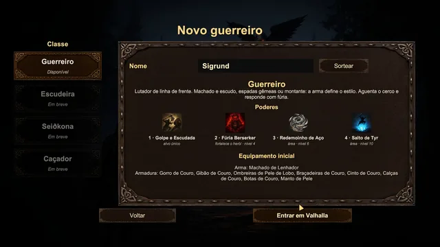 Tela de criação: classe Guerreiro disponível, Escudeira, Seiðkona e Caçador em breve, nome, quatro poderes e equipamento inicial.