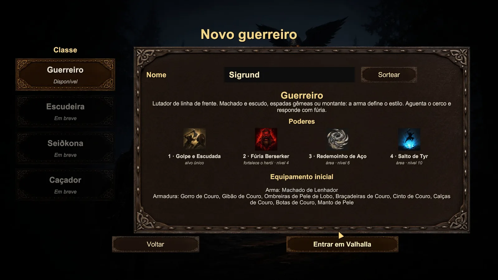 Tela de criação: classe Guerreiro disponível, Escudeira, Seiðkona e Caçador em breve, nome, poderes e equipamento inicial.
