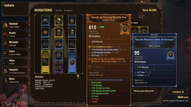 Inventário com a dica de um escudo Lendário: Poder do Item, afixos com faixas, grande afixo, aspecto e comparação com o escudo equipado.