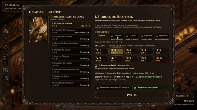 Painel de Heimdall: os mapas da região, as dificuldades e os dez estágios dos Fiordes de Hrafnvik com as estrelas conquistadas.