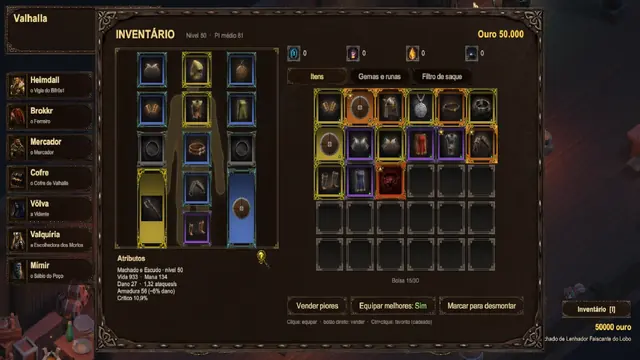 Inventário com os 13 espaços de equipamento em molduras por raridade, a bolsa e o filtro de saque.