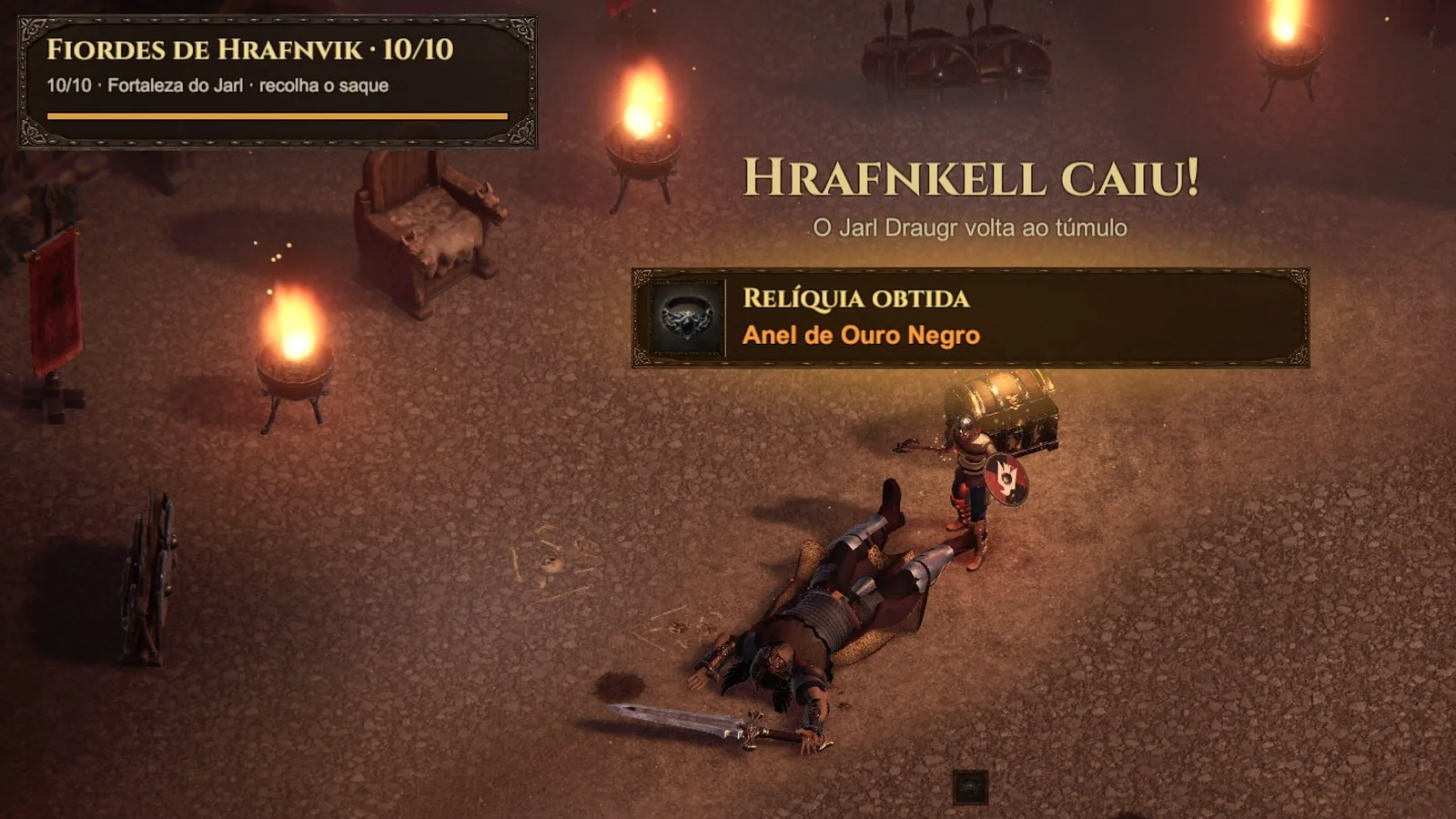 Hrafnkell, o Jarl Draugr, cai derrotado; os avisos “Hrafnkell caiu!” e “Relíquia obtida: Anel de Ouro Negro” aparecem na tela.