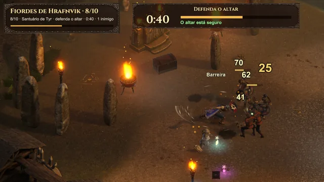 Defesa do altar no Santuário de Tyr: o cronômetro conta 0:40 enquanto o guerreiro segura os draugr entre menires e braseiros.