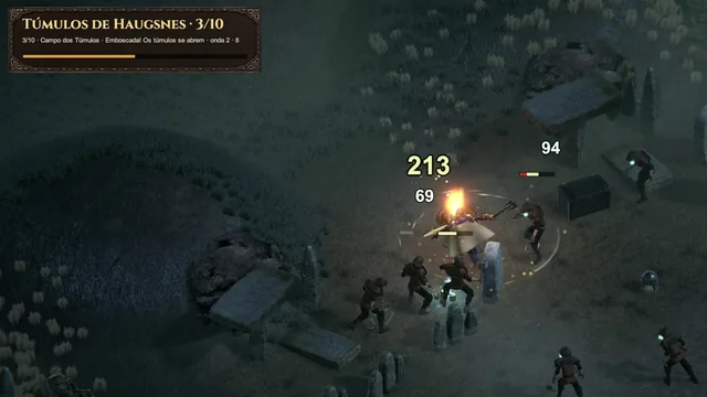 Emboscada no Campo dos Túmulos: draugr saem das sepulturas e cercam o guerreiro entre lápides e dólmens.