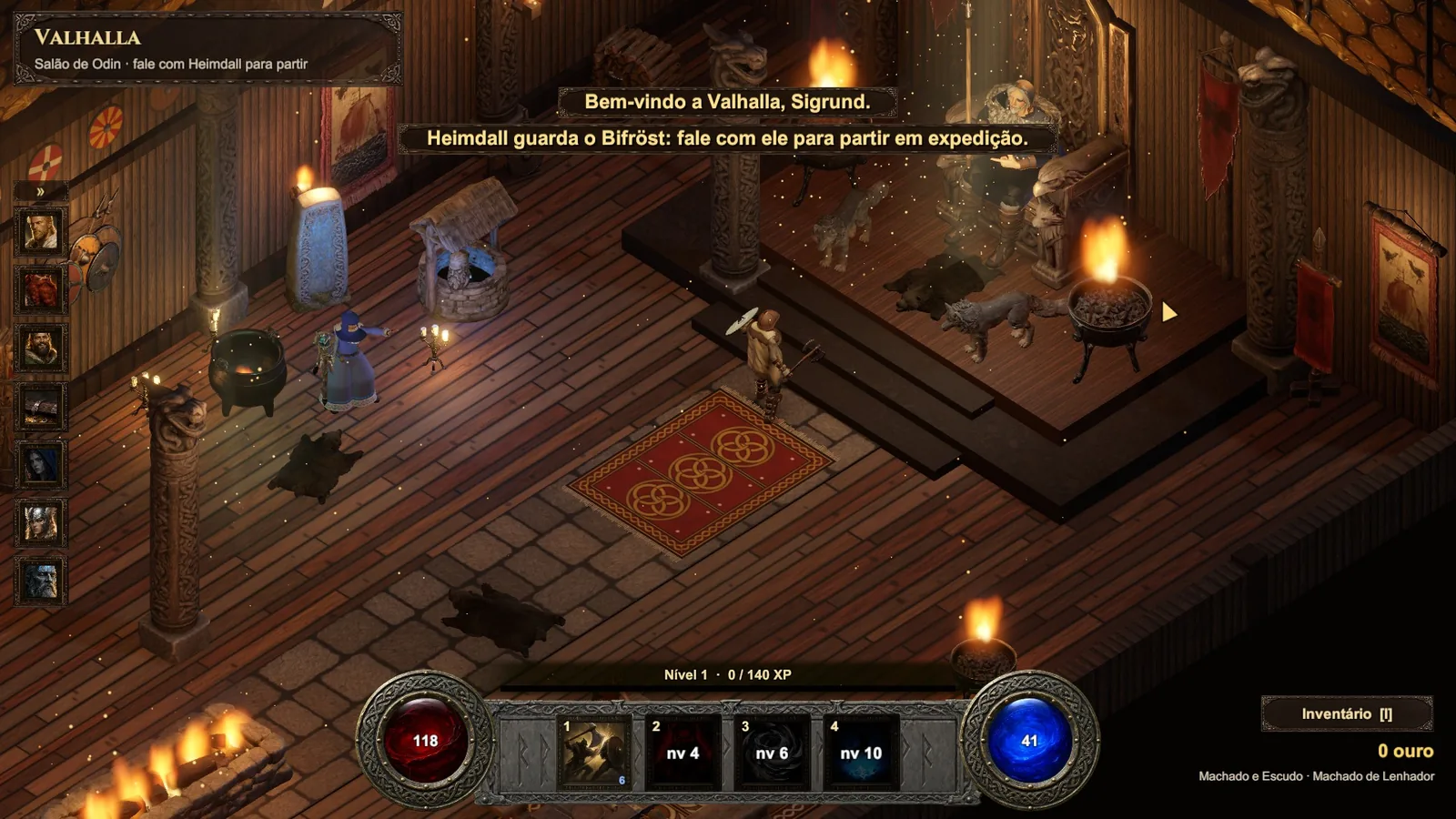 O salão de Valhalla: Odin no trono com seus lobos, a Völva junto ao caldeirão e a barra lateral com os retratos dos NPCs.