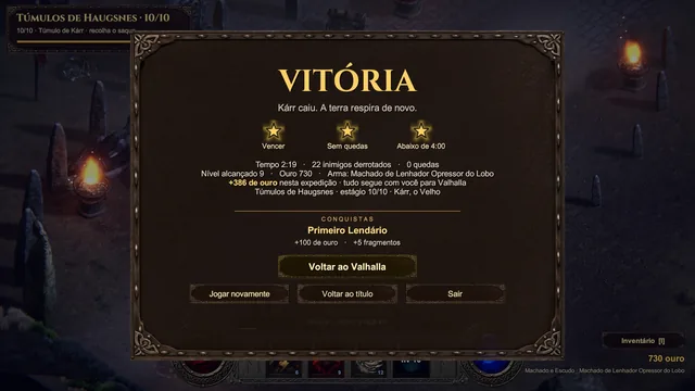 Tela de vitória do estágio de Kárr, o Velho, com três estrelas (vencer, sem quedas, abaixo do tempo), tempo, inimigos, ouro e conquistas.